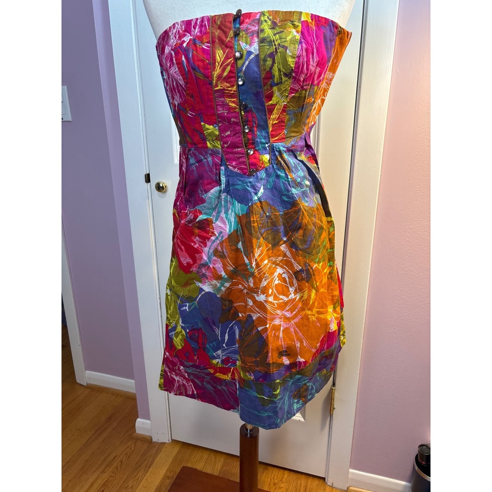 Moulinette Soeurs Strapless Abstract Floral Mini Dress Pink Orange Purple Sz 0